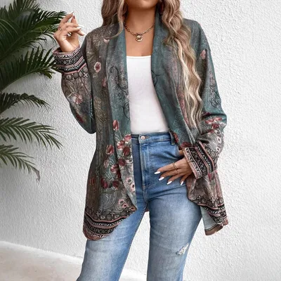 Vintage Floral Print Loose Casual Cardigan Women Coat Color - Shop at LoveMi