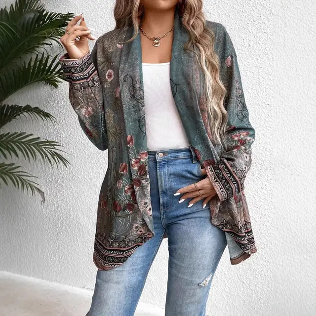 Vintage Floral Print Loose Casual Cardigan Women Coat Color - Shop at LoveMi
