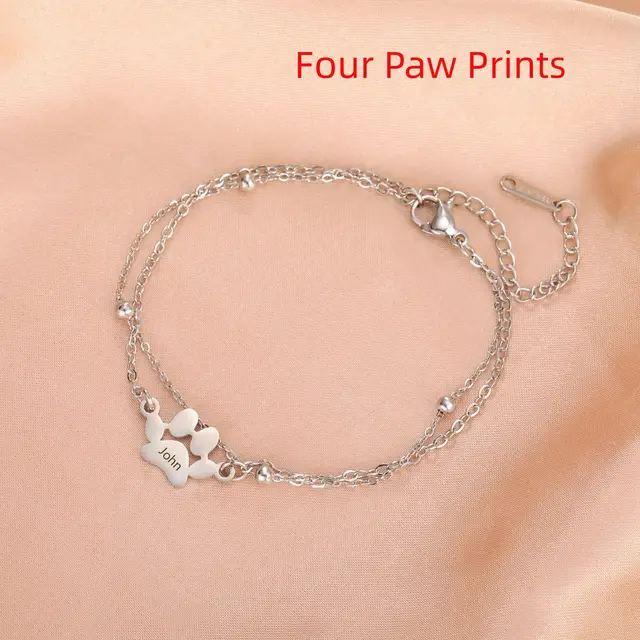 Stainless Steel Customized Name Animal Dog Cat Paw Charm Bracelet Double Chain Four Paw Prints - Shop at LoveMi