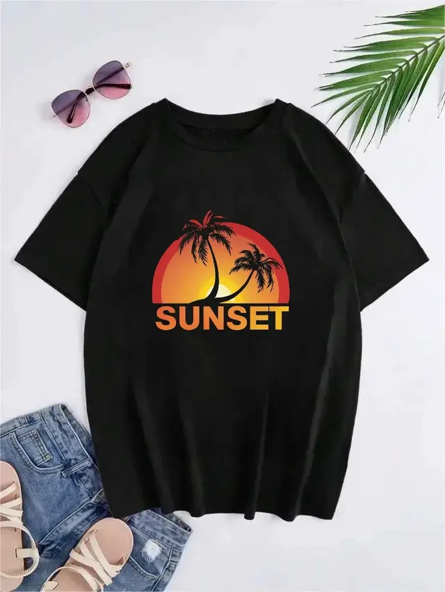 Style Sunset Pattern Printed Short sleeved T shirt Black - Shop at LoveMi