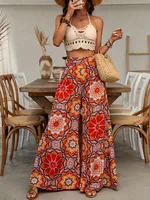 Women's Personalized Printing Bell-bottom Pants - Orange Red