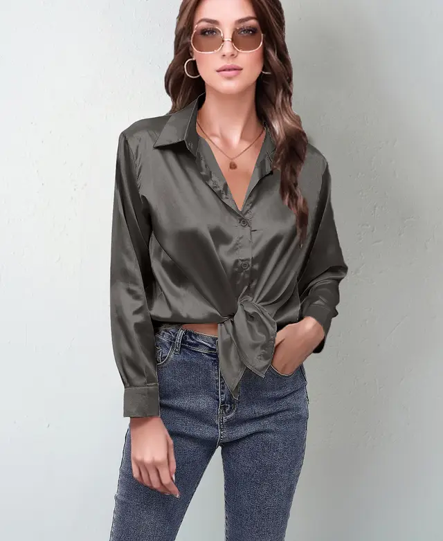 Women's Silk like Long sleeved Shirt Top Dark Gray - Shop at LoveMi