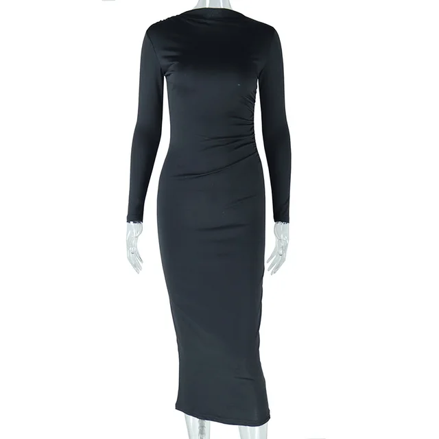 Women's Solid Color Round Neck Long Sleeve Pullover Dress Black - Shop at LoveMi