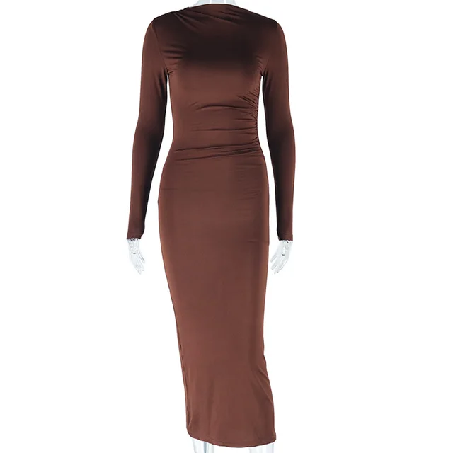 Women's Solid Color Round Neck Long Sleeve Pullover Dress Dark Brown - Shop at LoveMi