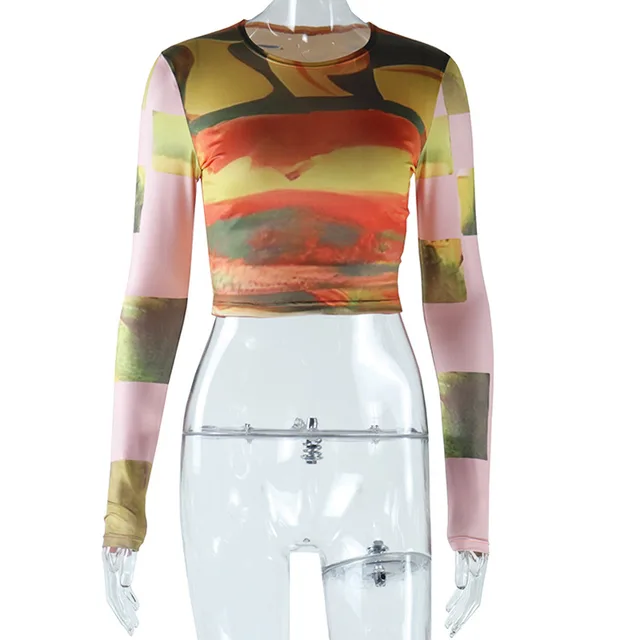 Fashion Tie dye Printed Round Neck Long Sleeves Cropped Top T shirt Yellow - Shop at LoveMi