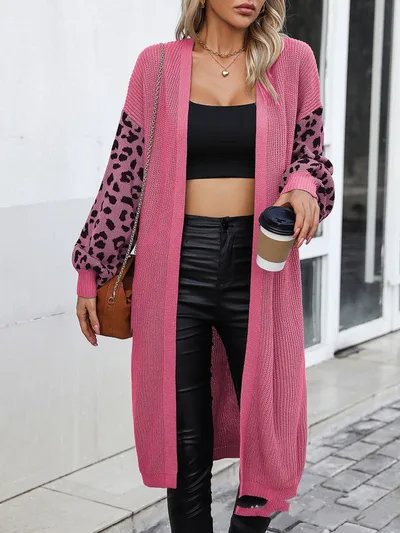 Women's Casual Long Solid Color Pattern Leopard Design Coat Cardigan For Women Red - Shop at LoveMi