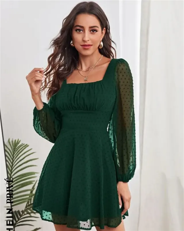 High Waist Temperament Elegant Commuter Female Dress Dark Green - Shop at LoveMi
