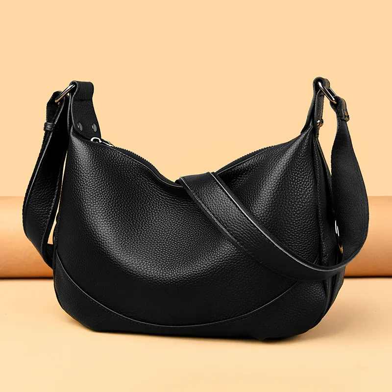 Milled Top Layer Cowhide Women's Shoulder Simple Crossbody - Black