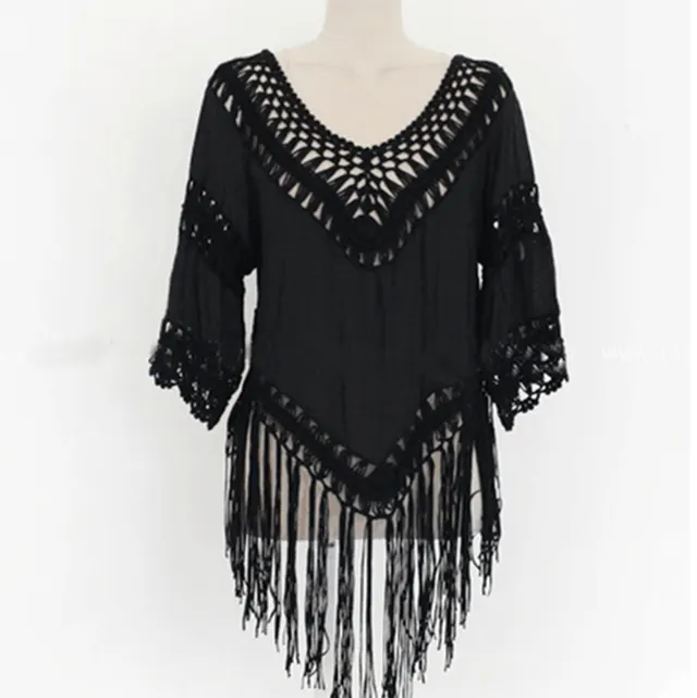 Half Sleeve Hand Crocheting Patchwork Knitting Tassel Overskirt Beach Cover up Black - Shop at LoveMi