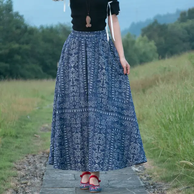 Women's Ethnic Style Cotton And Linen Half length Elastic Waist Large Swing Skirt A Line Skirt Free Size Skirt Length 90Cm - Shop at LoveMi