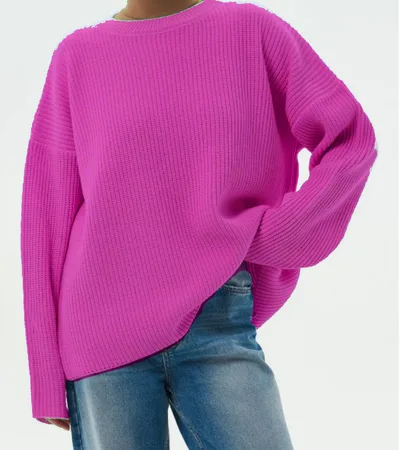 Spring And Autumn Loose Solid Color Knitted Pullover Sweater Rose Red - Shop at LoveMi