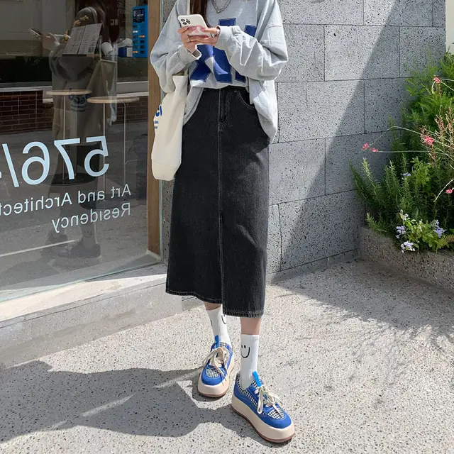 Female Skirt High Waist Retro Blue Denim Skirt Black And Gray - Shop at LoveMi