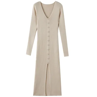 V neck Knitted Dress Slim Slimming Temperament Single breasted Hip wrapped Mid length Dress Beige - Shop at LoveMi
