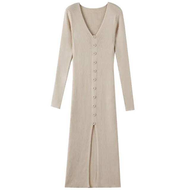 V neck Knitted Dress Slim Slimming Temperament Single breasted Hip wrapped Mid length Dress Beige - Shop at LoveMi