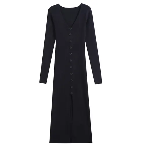 V neck Knitted Dress Slim Slimming Temperament Single breasted Hip wrapped Mid length Dress Black - Shop at LoveMi