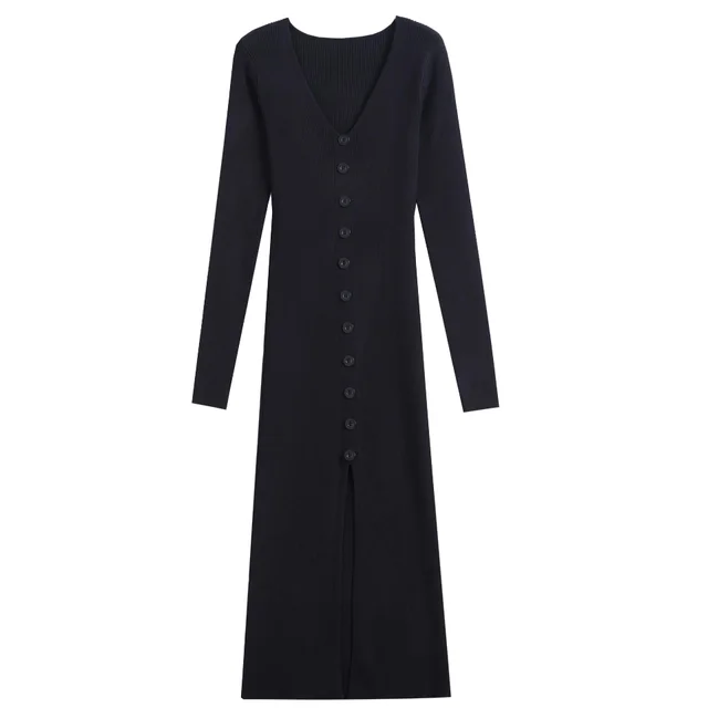 V neck Knitted Dress Slim Slimming Temperament Single breasted Hip wrapped Mid length Dress Black - Shop at LoveMi