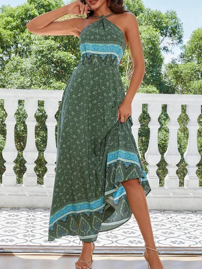 Halter Spaghetti Straps Printed Fashion Loose Sleeveless Dress Green - Shop at LoveMi
