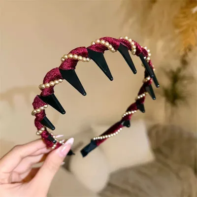 Velvet Rhinestone High Skull Top Wave Headband Female Pearl Deep Coffee - Shop at LoveMi