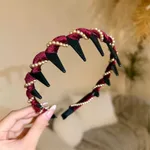 Velvet Rhinestone High Skull Top Wave Headband Female - Pearl Deep Coffee