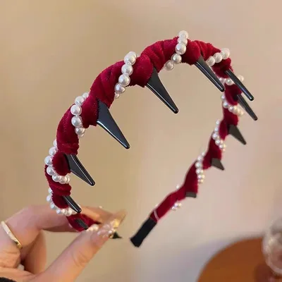 Velvet Rhinestone High Skull Top Wave Headband Female Round Pearl Deep Coffee - Shop at LoveMi