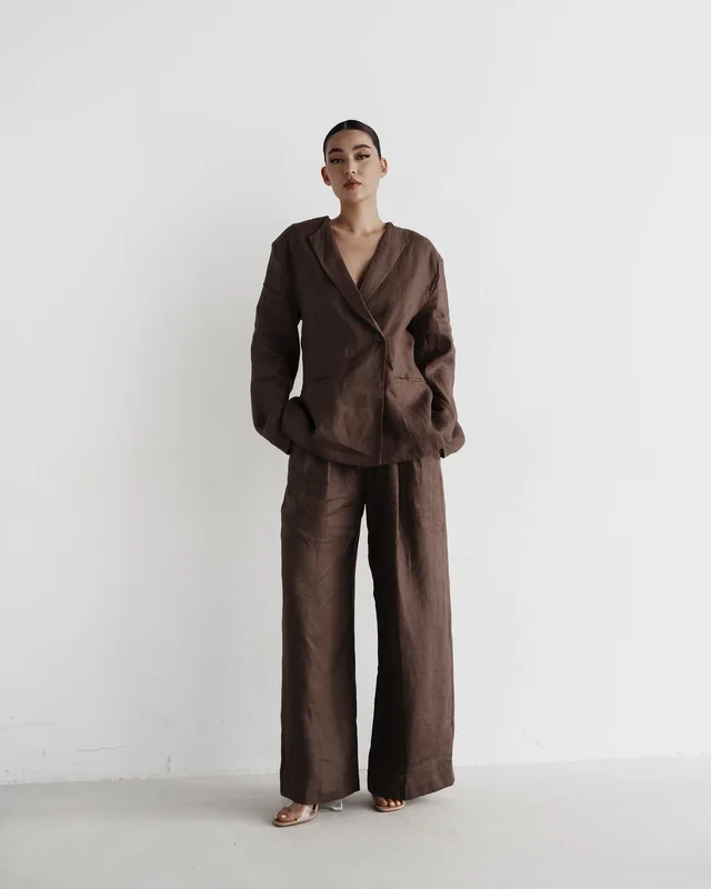 Women's Suit Jacket And Trousers Two piece Suit Dark Brown - Shop at LoveMi