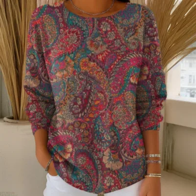 Women's Trendy Paisley Print Round Neck Top Red - Shop at LoveMi