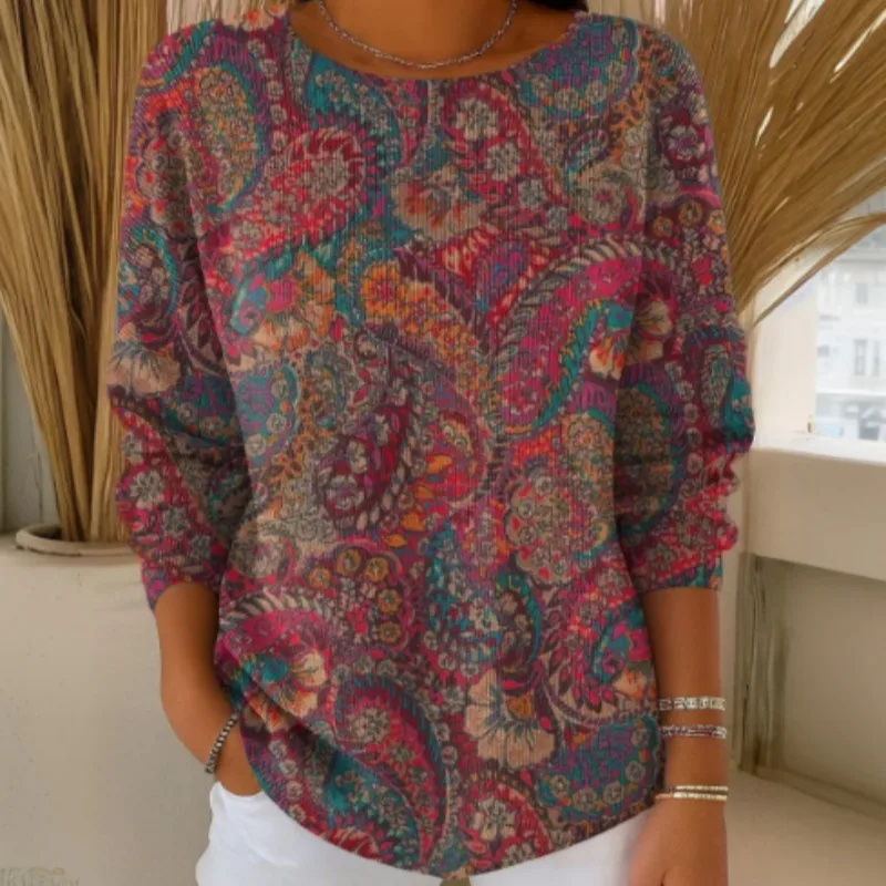 Women's Trendy Paisley Print Round Neck Top Red - Shop at LoveMi