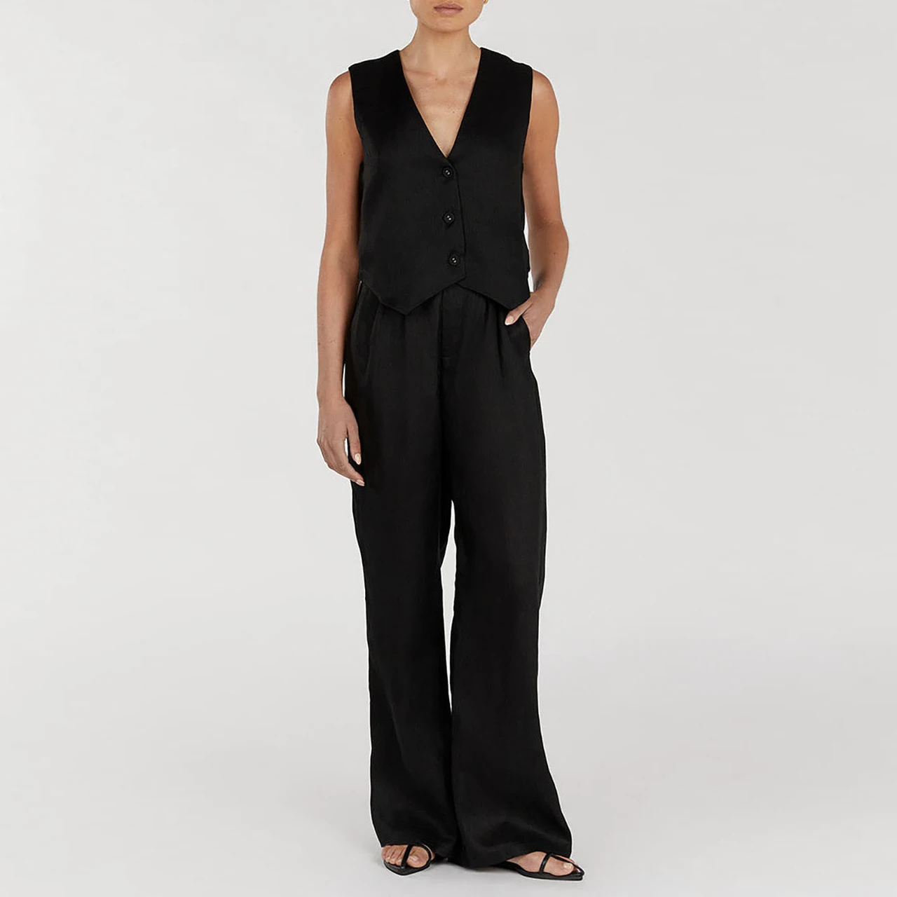 Solid Color Vest High Waist Trousers Two-piece Set - Black
