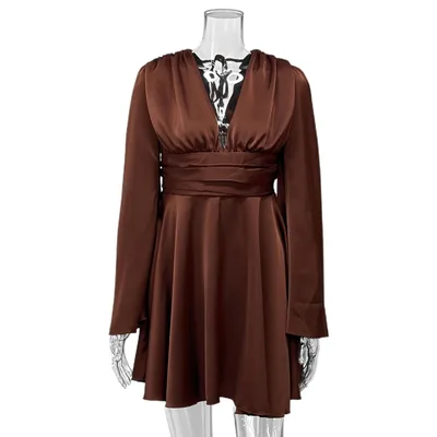 Women's Solid Color Long Sleeve Dress Brown - Shop at LoveMi