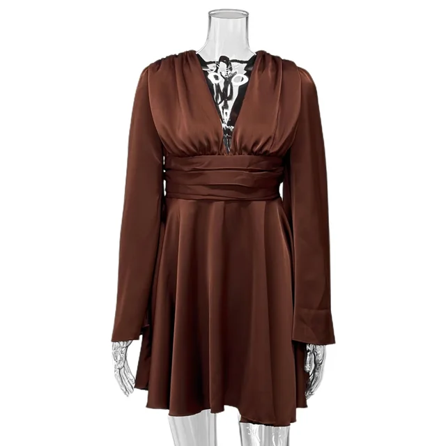 Women's Solid Color Long Sleeve Dress Brown - Shop at LoveMi