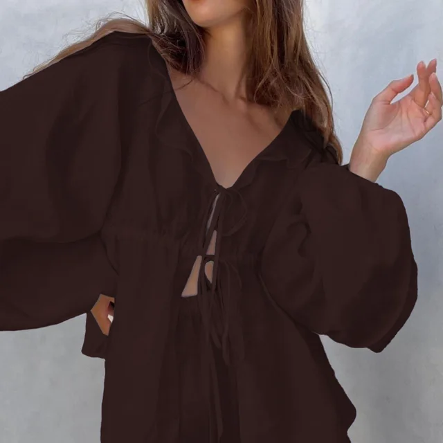 V neck Puff Sleeve Top And Shorts Two piece Set Brown - Shop at LoveMi