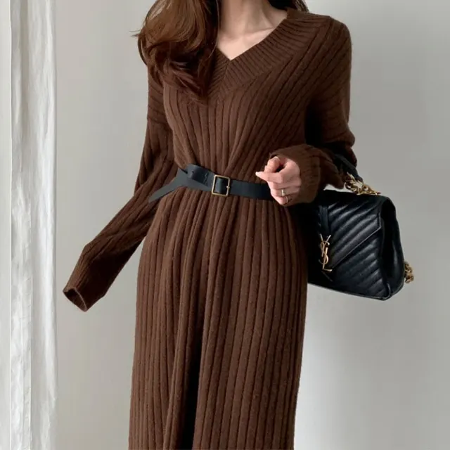 Match With Coat Inner Wear Base Sweater Long Dress Brown - Shop at LoveMi