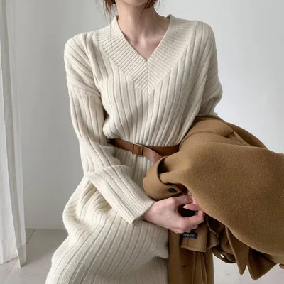 Match With Coat Inner Wear Base Sweater Long Dress White - Shop at LoveMi