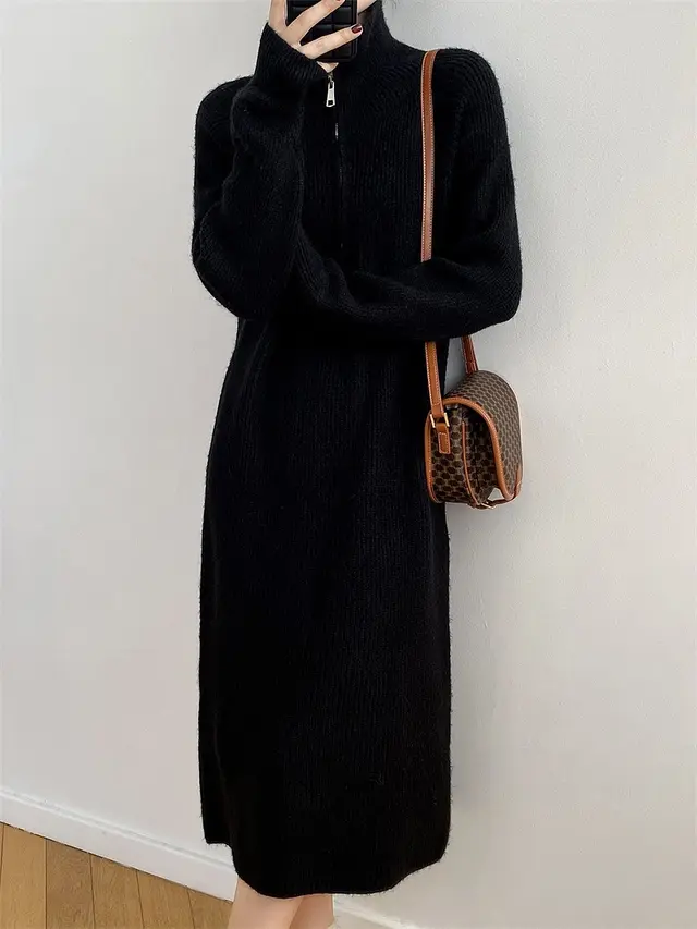 Overcoat Inner Wear Overknee Sweater Knitted Dress Black - Shop at LoveMi