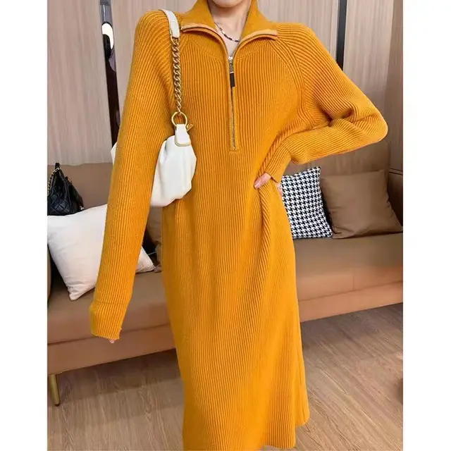 Overcoat Inner Wear Overknee Sweater Knitted Dress Orange - Shop at LoveMi