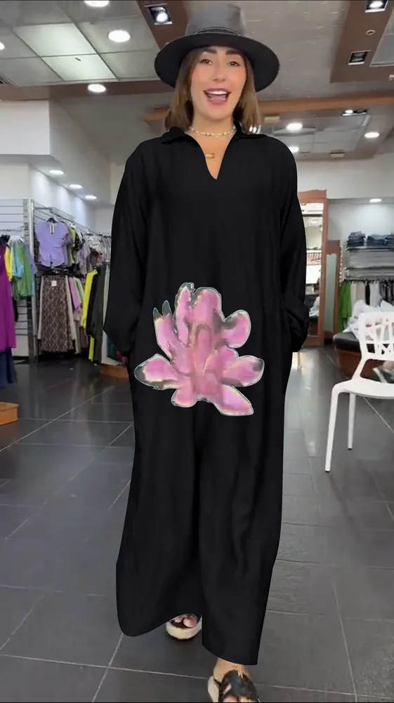 Urban Fashion Loose Flower V-neck Long-sleeve Dress - Black