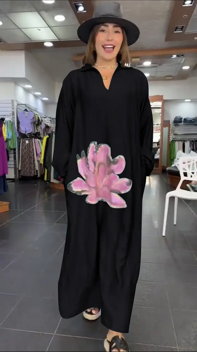 Urban Fashion Loose Flower V neck Long sleeve Dress Black - Shop at LoveMi