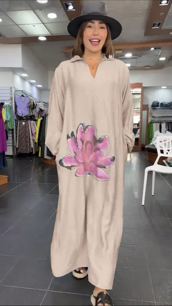 Urban Fashion Loose Flower V-neck Long-sleeve Dress - Khaki - View 1