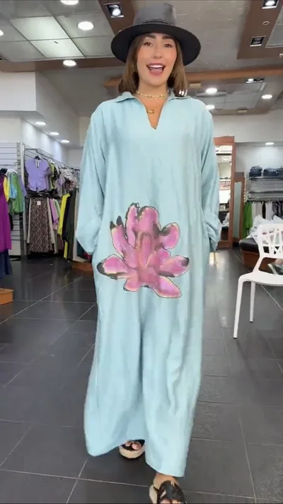 Urban Fashion Loose Flower V neck Long sleeve Dress Light Blue - Shop at LoveMi
