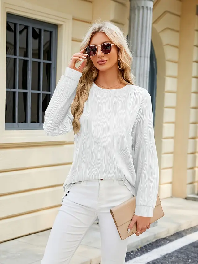 Solid Color Round Neck Loose Long Sleeve White - Shop at LoveMi