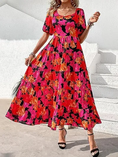 Puff Sleeve Floral Casual Summer Dress Black Red - Shop at LoveMi