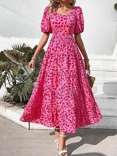 Puff Sleeve Floral Casual Summer Dress Rose - Shop at LoveMi