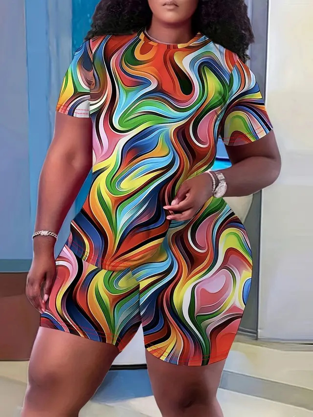 European And American Crew Neck Casual Printing Suit T shirt And Shorts Two piece Set Colorful - Shop at LoveMi