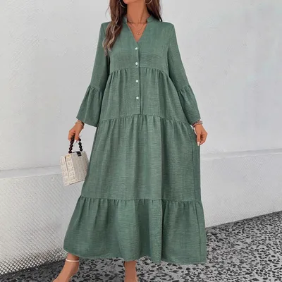 Multi layer Pleated Loose Stitching Texture Dress Dark Green - Shop at LoveMi