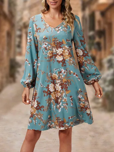 European And American Retro Printed Fashionable Elegant Floral Printed Lantern Sleeve Dress Lake Blue - Shop at LoveMi
