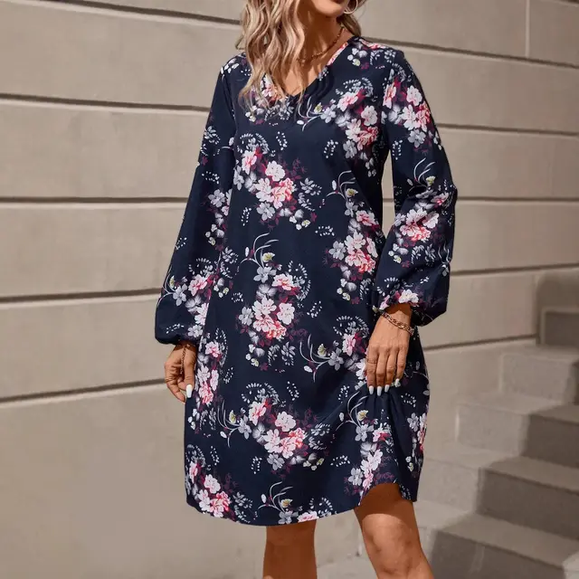 European And American Retro Printed Fashionable Elegant Floral Printed Lantern Sleeve Dress Navy Blue - Shop at LoveMi