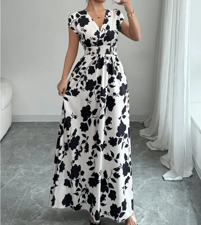 Short Sleeve Lace up Dress Printed V neck Black - Shop at LoveMi