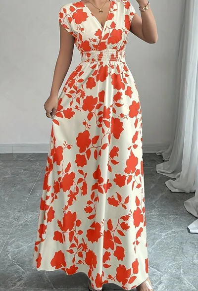 Short Sleeve Lace up Dress Printed V neck Orange - Shop at LoveMi