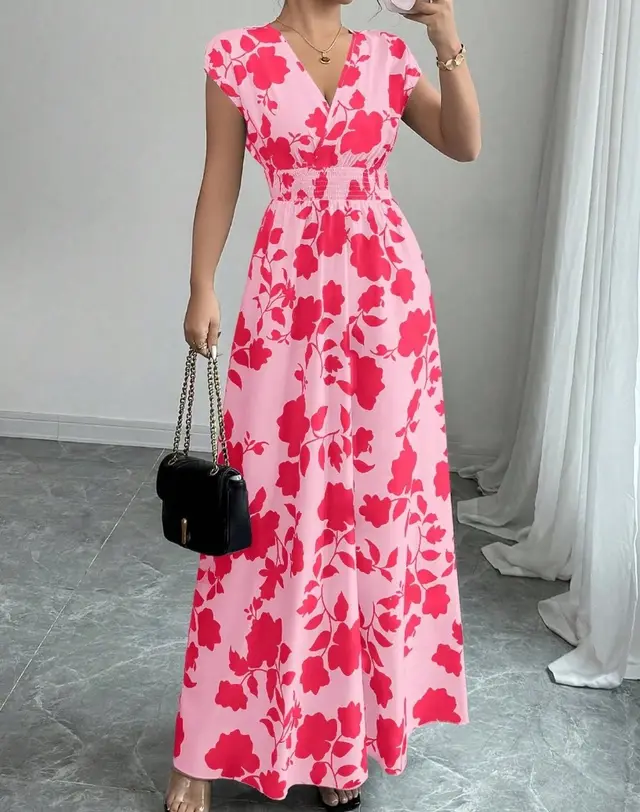 Short Sleeve Lace up Dress Printed V neck Pink - Shop at LoveMi