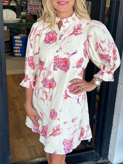 Floral Print Women Puff Sleeve Waist controlled Lace up Short Female Dress Blue Flower - Shop at LoveMi